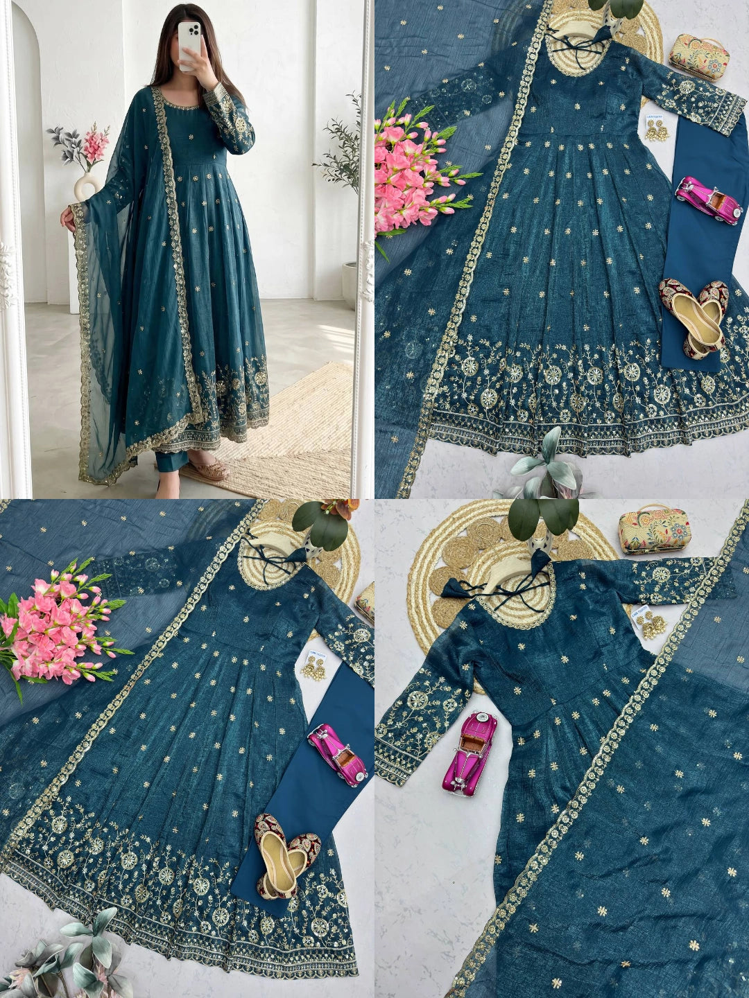 Teal Blue Sequins Embroidered Suit Flat Lay – Complete Set View